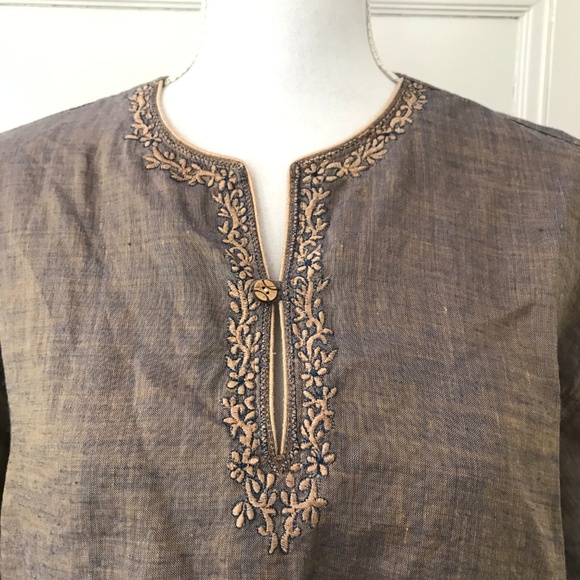 Yvaraj Blue Brown Linen Embroidered Tunic - Picture 2 of 6